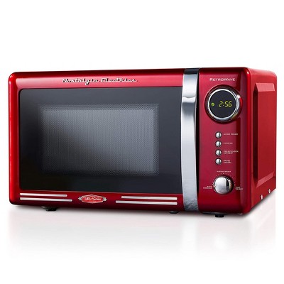 Nostalgia RMO7RR Retro 0.7 Cubic Ft 700 Watt Countertop Microwave Oven w/ Digital Clock for Kitchen Countertop or Table Heating Fridge Leftovers, Red