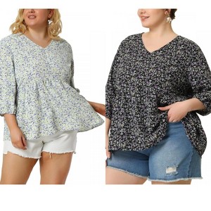 Women's Plus Size 2 Pieces V Neck Babydoll 3/4 Sleeve Pleat Floral Flowy Blouses - Agnes Orinda - 1 of 4