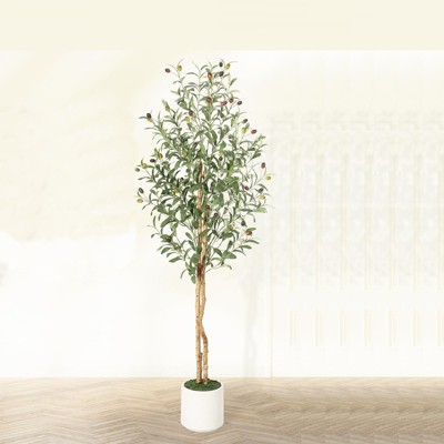 Olive Trees Artificial Indoor, 5FT Tall Faux Silk Plant White Planter, with Natural Wood Trunk and Green Fake Moss,1 PCS