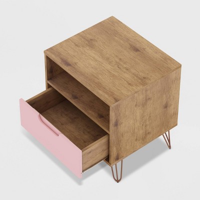 Mid-Century Modern Pink and Wood Nightstand with Hairpin Legs