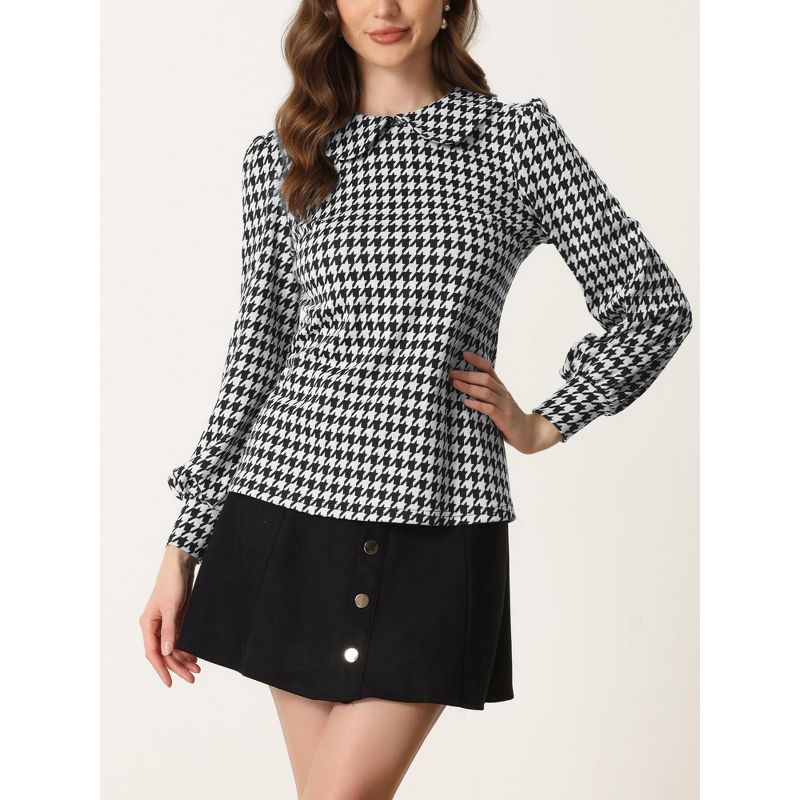 Allegra K Women's Peter Pan Collar Fashion Puff Long Sleeve Houndstooth Plaid Blouse, 2 of 6