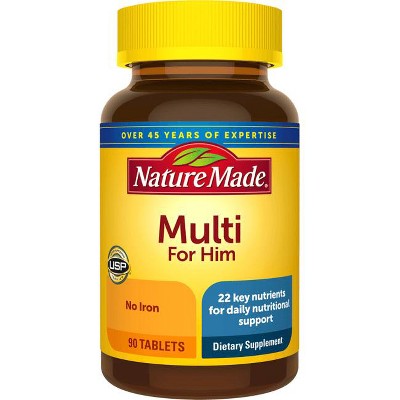 Nature Made Multivitamin For Him with No Iron, Mens Multivitamins for Daily Nutritional Support, Multivitamin for Men, 90 Tablets, 90 Day Supply.