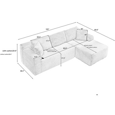 Aukfa 5-Seat L-Shaped Corduroy Sectional Sofa with 5 Pillows, No-Assembly Cloud Couch, High-Density Sponge, Perfect for Apartments