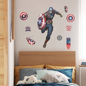 Captain America Kids' Wall Decal: Decalcomania Avengers Vinyl, Self-Adhesive, Repositionable, Multicolor, 27"x17", 9 Pieces - 1 of 4