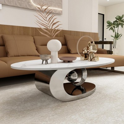 QingMoon Marble Coffee Table, Oval Centre Table with Stainless Steel Base and Resistant Rock Slab Tabletop for Living Room, Office