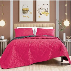 Home Mart Goods 3 Piece Hot Pink & Grey Reversible Quilt Coverlet Bedspread Bedding Set - 1 of 4