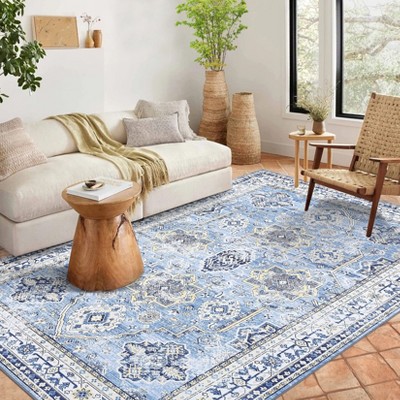 Area Rugs Vintage Distressed Living Room Rug Traditional Medallion Floral Print Rug Non Slip Bedroom Rug