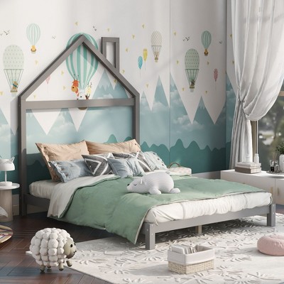 CAVINAS Platform Bed Full Size Modern Wooden Bed Frame with House Shaped Headboard and Wood Slats for Bedroom