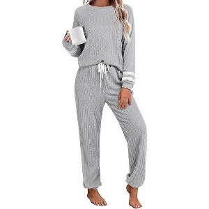 Ekouaer Lounge Sets for Women Ribbed Knit Outfits Pajamas Sets 2 Piece Long Sleeve Sweatsuits with Pockets - 1 of 4