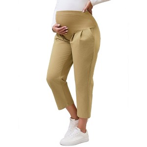 INSPIRE CHIC Womens Cotton Maternity Pants Straight Slacks Over Belly Casual Work Cropped Pregnancy Trousers with Pockets - 1 of 4