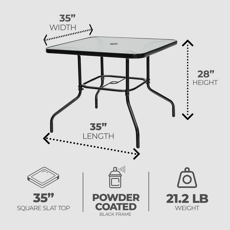 Four Seasons Courtyard Sunny Isles 35 Inch Outdoor Patio Bistro Dining Table Backyard Squared Furniture with Tempered Glass Tabletop, Black, 2 of 7