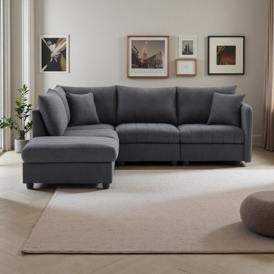 89" Modern L-Shaped Modular Sectional Sofa with Ottoman & Pillows