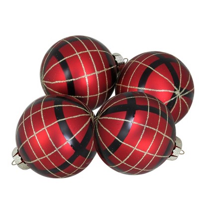 Northlight 4ct Red, Black and Gold Plaid Glass Christmas Ball Ornaments 3.25"