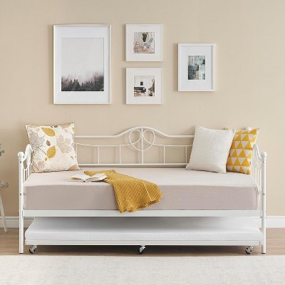 homfan Modern Twin Daybed with Trundle and Backrest, Metal Sofa Bed Frame with Steel Slat Support and Art Sweet Heart Design