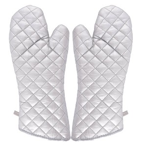 Unique Bargains Household Bakery Heat Resistance Microwave Baking Cotton Blends Kitchen Gloves 14.6"x5.9" Silver Tone 1 Pair - 1 of 3