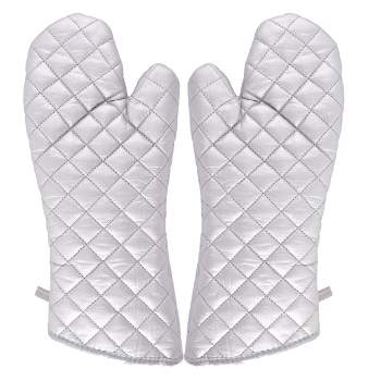 Unique Bargains Household Bakery Heat Resistance Microwave Baking Cotton Blends Kitchen Gloves 14.6"x5.9" Silver Tone 1 Pair