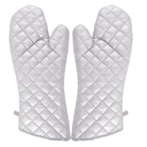 Unique Bargains Household Bakery Heat Resistance Microwave Baking Cotton Blends Kitchen Gloves 14.6x5.9 Silver Tone 1 Pair