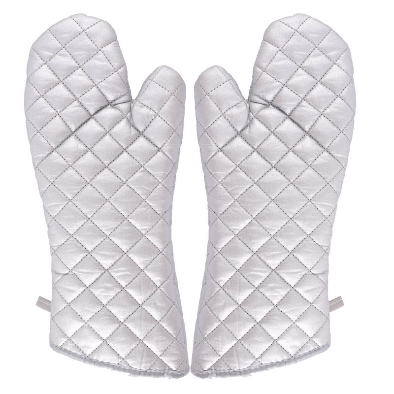 Unique Bargains Household Bakery Heat Resistance Microwave Baking Cotton Blends Kitchen Gloves 14.6"x5.9" Silver Tone 1 Pair, 1 of 4