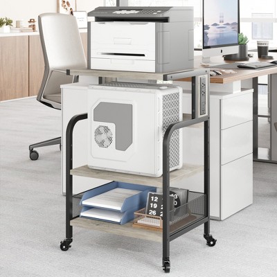Under Desk Printer Stand with Wheels, 3-Tier Printer Table with Storage Shelves, Printer Cart with Power Outlets for Home Office