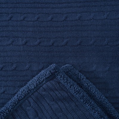 Navy Blue Cable Knit and Sherpa Reversible Throw Blanket 50" x 65"