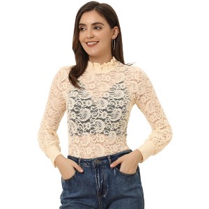 INSPIRE CHIC Women's See-Through Stretch Smocked High-Neck Long-Sleeve Lace Floral Blouse - 1 of 4