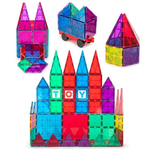 Playmags 56 Piece Set + 6 Click-ins, Magnetic Tiles Building Set, 3d Magnet  Building Blocks With Car Bed : Target