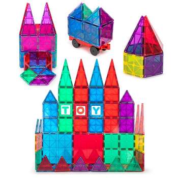 Playmags 56 Piece Set + 6 Click-ins, Magnetic Tiles Building Set, 3D Magnet Building Blocks with  Car Bed