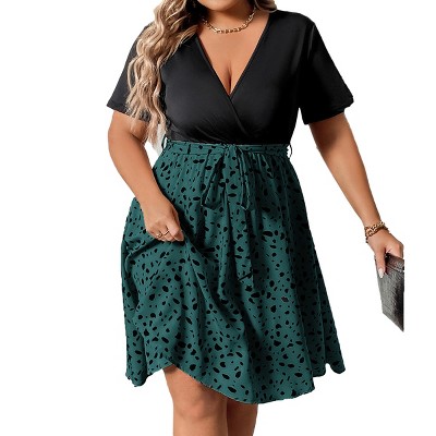 Plus Size Midi Dress for Summer Short Sleeve Faux Wrap Fit and Flared Dress V Neck Belted Summer Dress Irregular Polka Dot Teacher Dress