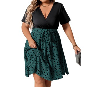Plus Size Midi Dress for Summer Short Sleeve Faux Wrap Fit and Flared Dress V Neck Belted Summer Dress Irregular Polka Dot Teacher Dress - 1 of 4