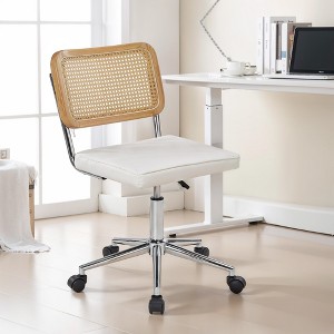 VECELO PU Leather Office Chair, Height Adjustable Swivel Armless Vanity Chair with Wheels, Rattan Back Desk Chair for Small Spaces, Black/White - 1 of 4