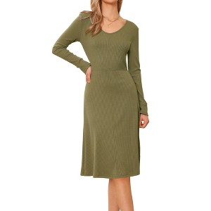INSPIRE CHIC Women's Ribbed Knitted Long Sleeve V Neck Midi Sweater Dresses - 1 of 4