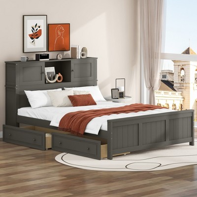 Whisen Full Size Platform Bed with Storage Headboard,2 Drawers and Sliding Door