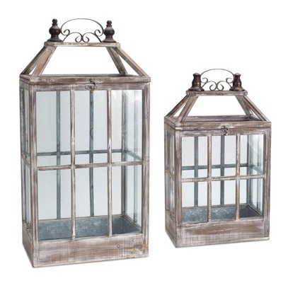 HomeRoots Set of Two White Distressed Wood And Glass Floor Lantern Candle Holders
