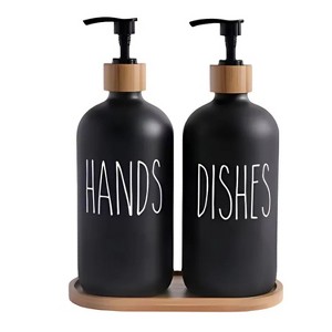 Kitcheniva Plastic Soap Dispenser Set with Bamboo Tray - For Bathroom and Kitchen, Black - 1 of 3