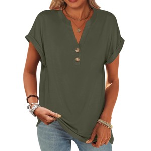 Women's Short Sleeve Henley Top V Neck Loose Fit Flowy Blouse Summer Casual Dressy Shirts Dressy Clothes - 1 of 4