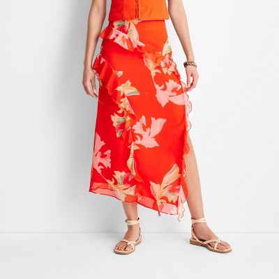 Women's Asymmetrical Ruffle Maxi Skirt - Future Collective™ with Jenee  Naylor Red Floral 00