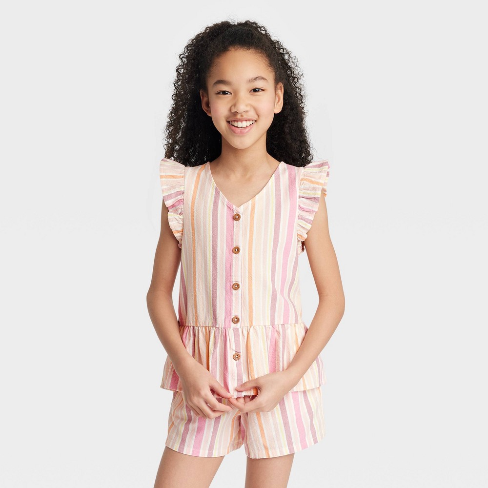 Girls' Button-Front Sleeveless Woven Shirt - Cat & Jack Cream Stripe  XL Ivory Stripe