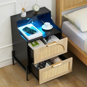Garvee Rattan Nightstand with Charging Station and LED Lights, Bedside Table with 2 Storage Rattan Drawer,Storage End Table, for Living Room,Bedroom - 1 of 4