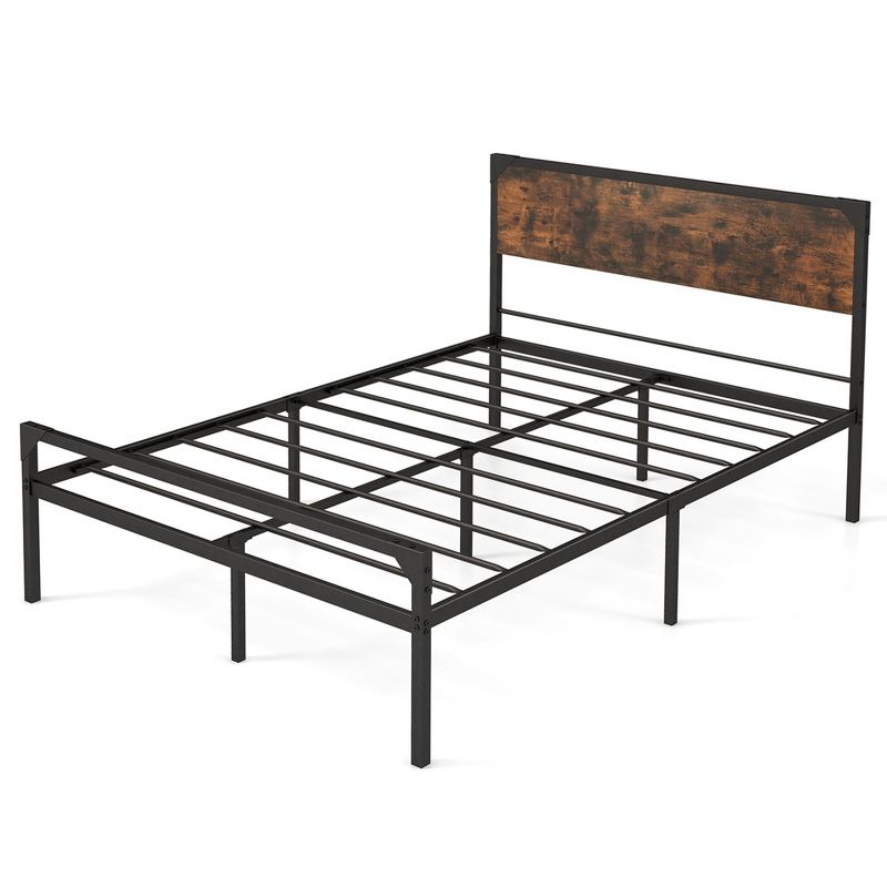 Costway Platform Full/Queen Bed with Rustic Headboard & Footboard Strong Metal Slat Support, 1 of 10