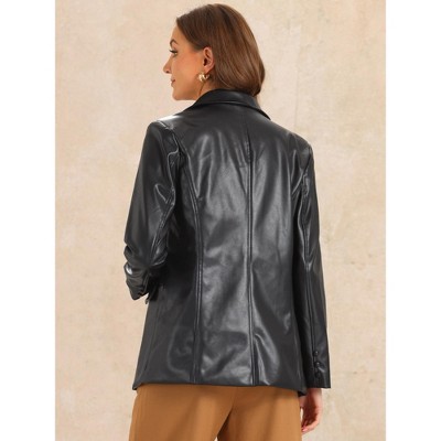 Allegra K Women's Faux Leather Long Sleeve Lapel Collar PU Moto Biker Jacket Large Black — фото 3