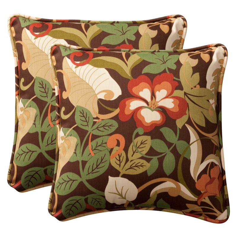 2pc Outdoor Throw Pillows - Brown/Green Floral - Pillow Perfect, 1 of 5