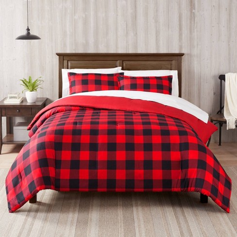 3pc King Alex Buffalo Check Plaid Antimicrobial Comforter Set Red black Serta Year Round Machine Washable Plain Weave Target