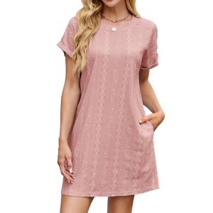 Women's Crew Neck Loose Short - Sleeve Dress with Pockets, Casual Solid Color Shift Dress - 1 of 4