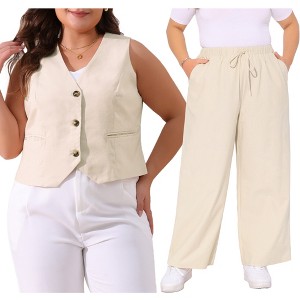 Agnes Orinda Women's Plus Size Two Piece Outfits Sleeveless Button Down Vests and Drawstring Elastic Waist Casual Palazzo Pants Sets - 1 of 4