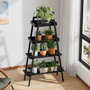VECELO 4-Tier Metal Ladder Shelf, Multifunctional Ladder Bookshelf Plant Flower Stand Storage Rack Shelves Bookcase, Brown/Black/White - 1 of 4
