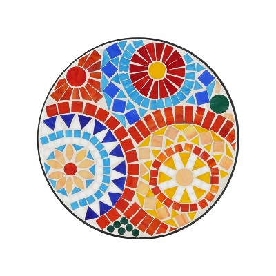 Colorful Ceramic Tile Floral Design Outdoor Accent Table with Black Iron Frame