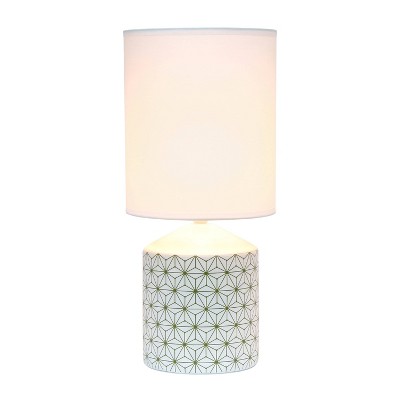 White Ceramic Nightstand Lamp with Gold Geometric Pattern and Tube Shade