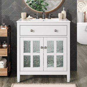 KWPZQEB 30" Bathroom Vanity with Ceramic Sink, Vanity Cabinet with Textured Glass Doors, Tip-Out Tray & Adjustable Shelf, Floor Storage Cupboard - 1 of 4