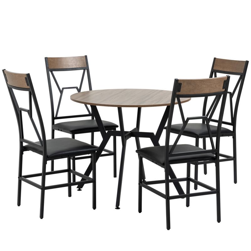HOMCOM Industrial Dining Table Set Space-Saving Kitchen Table and Chairs Set with Round Table Padded Seat and Steel Frame Brown 5 Piece, 1 of 7
