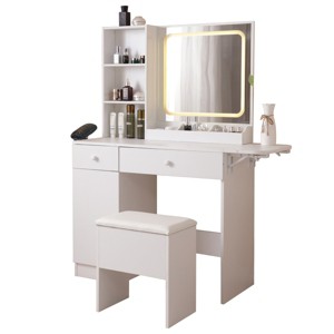 TOBILI Vanity Desk with Lighted Mirror & Power Outlet, Makeup Vanity Desk with Drawers and Large Storage Cabinet for Bedroom,White - 1 of 4